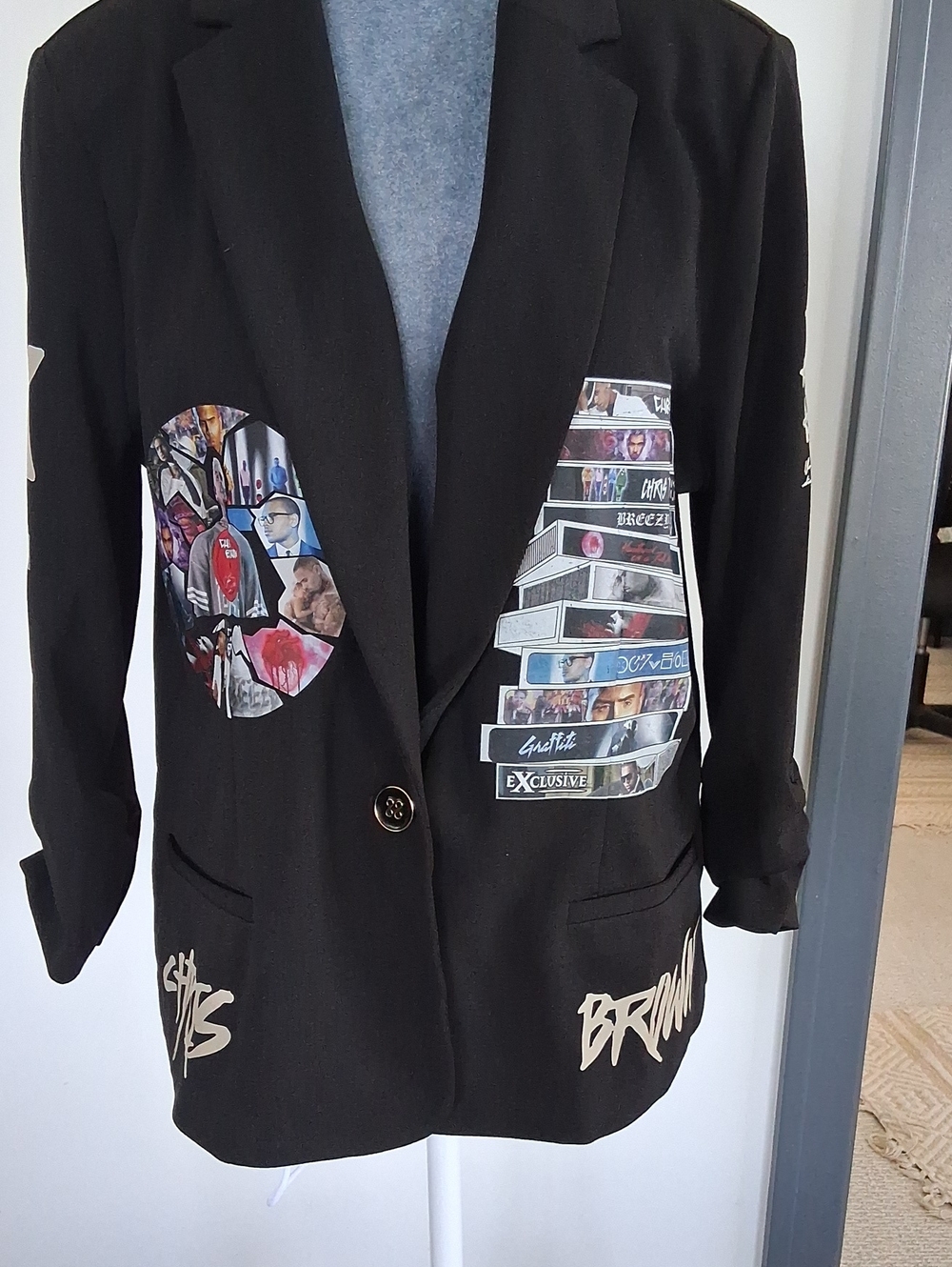 CHRIS BROW New York & Company Black Blazer with CHRIS BROWN Graphic Patch Panels